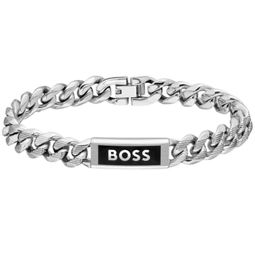 Ανδρικό βραχιόλι Boss 1580679M ατσάλινο με ασημί μπρασελέ και τετράγωνο στοιχείο με μαύρο σμάλτο.